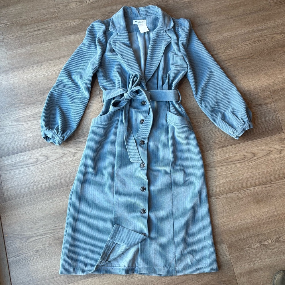 Current Air Dusty Blue Corduroy Midi Button Down Shirt Dress with Tie Belt